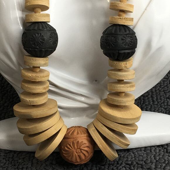 Chunky Red (Terra Cotta) & Black Clay & Wooden Disc Bead Statement Necklace - Picture 2 of 13